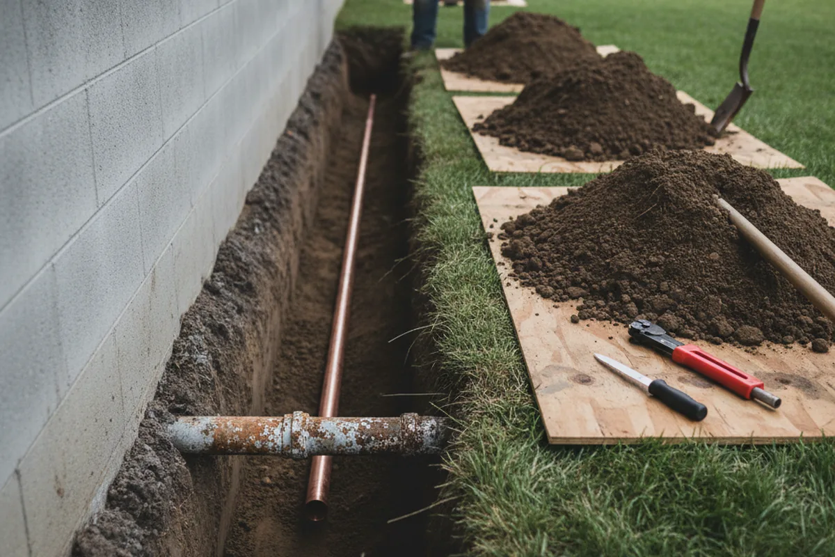 Excavated water line trench during Water Softener Installation in Ridgeview